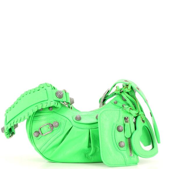 Balenciaga Le Cagole Giant Studs Shoulder Bag Leather with Crystals XS Green - Picture 1 of 8